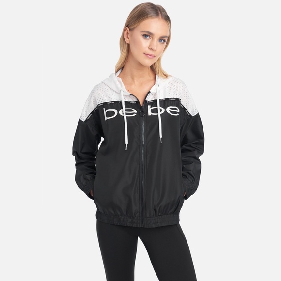 BEBE Woven Black White Logo Hooded Jacket w/ Vented Perforated Panel & Logo Tape - Picture 7 of 16